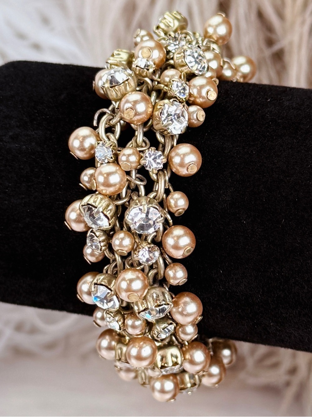 Vintage Champagne Bead Clear Stone Cluster Magnetic Statement Bracelet